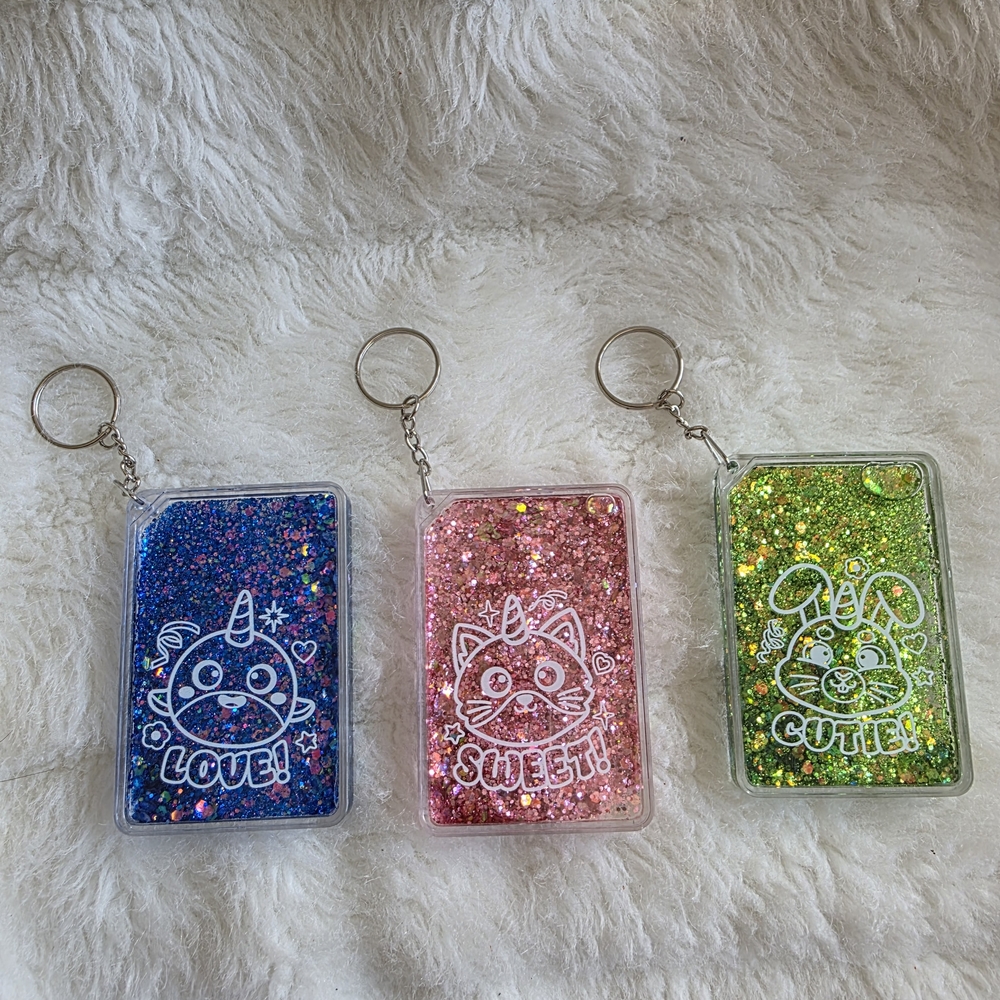 Glitter Animal Charm Keychain - Pink Cat, Blue Unicorn, Green Rabit 'Sweetie'